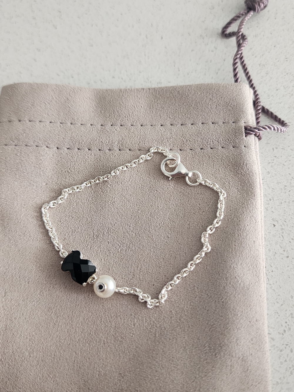 Tous Silver Bracelet with Black Crystal and White Pearl
